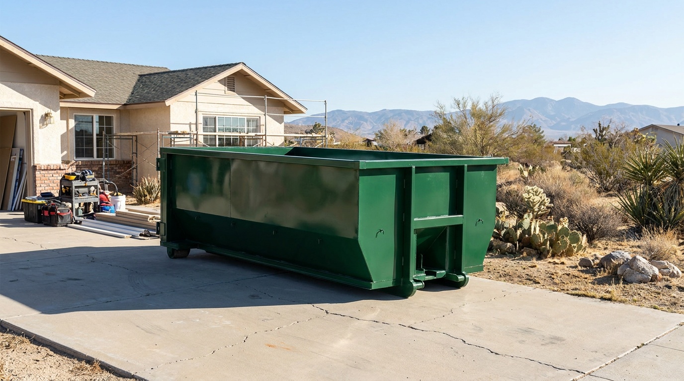 Roll-off dumpster on a driveway in Sacramento