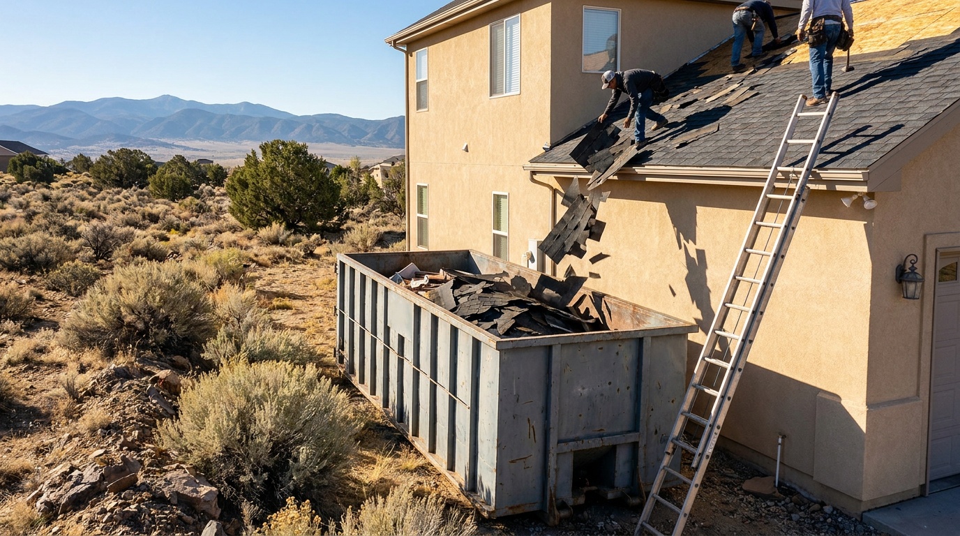 Roofing dumpster during a tear-off in Sacramento